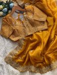 DESIGNER GOLD CRUSH SILK EMBROIDERY ZARI, SEQUENCE AND CODING WITH CUT WORK BORDER WORK SAREE WITH UNSTITCHED BLOUSE WEDDING WEAR WHOLESALE PRICE ETHNIC GARMENT (2)