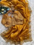 DESIGNER GOLD CRUSH SILK EMBROIDERY ZARI, SEQUENCE AND CODING WITH CUT WORK BORDER WORK SAREE WITH UNSTITCHED BLOUSE WEDDING WEAR WHOLESALE PRICE ETHNIC GARMENT (2)