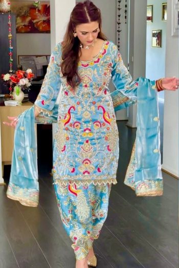 DESIGNER JIMMY CHOO EMBROIDERY CHAIN SEQUENCE AND HAND WORK TOP PATIYALA WITH DUPATTA SKY