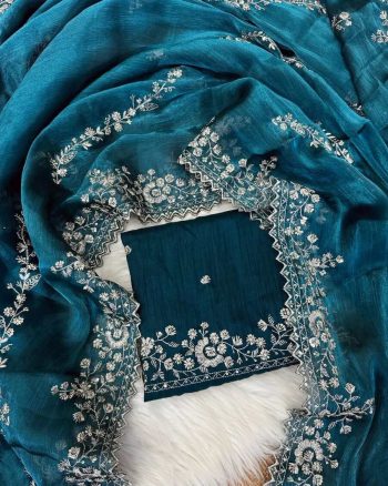 DESIGNER JIMMY CHOO SILK ZARI AND SEQUENCE WORK WITH CUT WORK BORDER WORK SAREE WITH UNSTITCHED BLOUSE TEAL