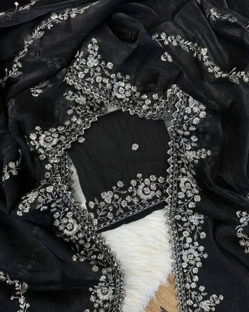 DESIGNER JIMMY CHOO SILK ZARI AND SEQUENCE WORK WITH CUT WORK BORDER WORK SAREE WITH UNSTITCHED BLOUSE BLACK