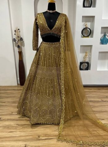 DESIGNER KASTURI SILK GEORGETTE SEQUENCE, & DORI WORK LEHENGA CHOLI WITH DUPATTA GOLD