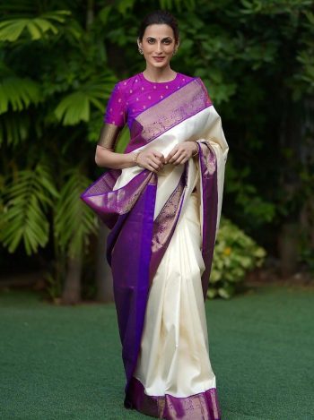 DESIGNER LICHI SILK JACQUARD WORK SAREE WITH UNSTITCHED BLOUSE PURPLE