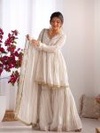 DESIGNER MAL CHANDERI REAL MIRROR WITH HANDWORK TOP SHARARA WITH DUPATTA WHITE