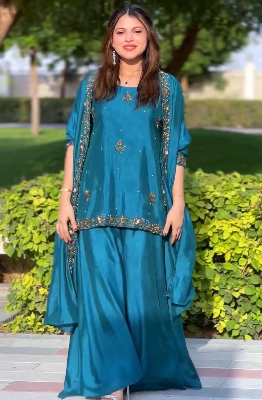 DESIGNER NATURAL CREPE EMBROIDERY SEQUENCE WITH MOTI WORK TOP PALAZZO WITH DUPATTA FESTIVE WEAR WHOLESALE PRICE ETHNIC GARMENT (2)