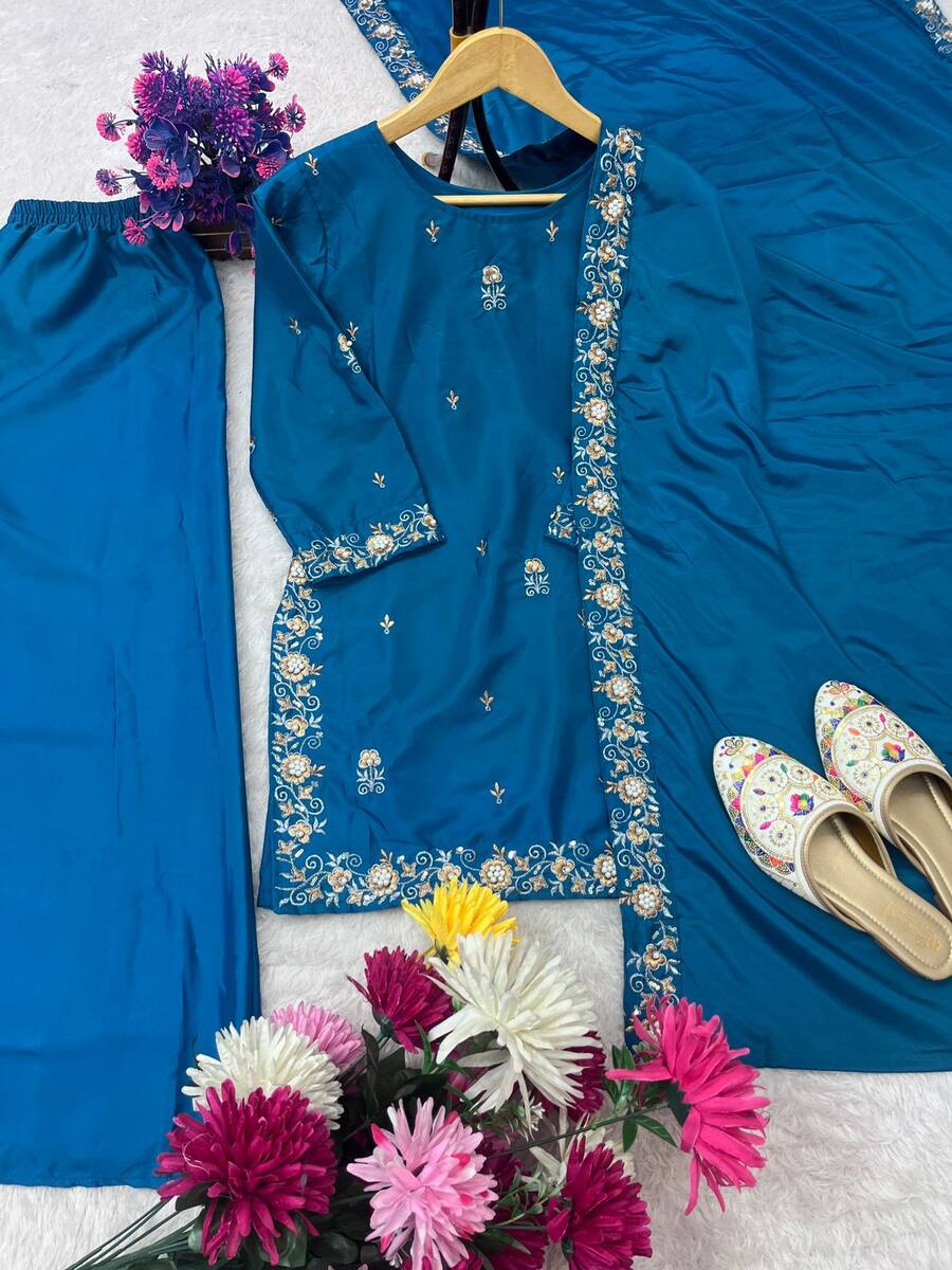 DESIGNER NATURAL CREPE EMBROIDERY SEQUENCE WITH MOTI WORK TOP PALAZZO WITH DUPATTA FESTIVE WEAR WHOLESALE PRICE ETHNIC GARMENT (5)