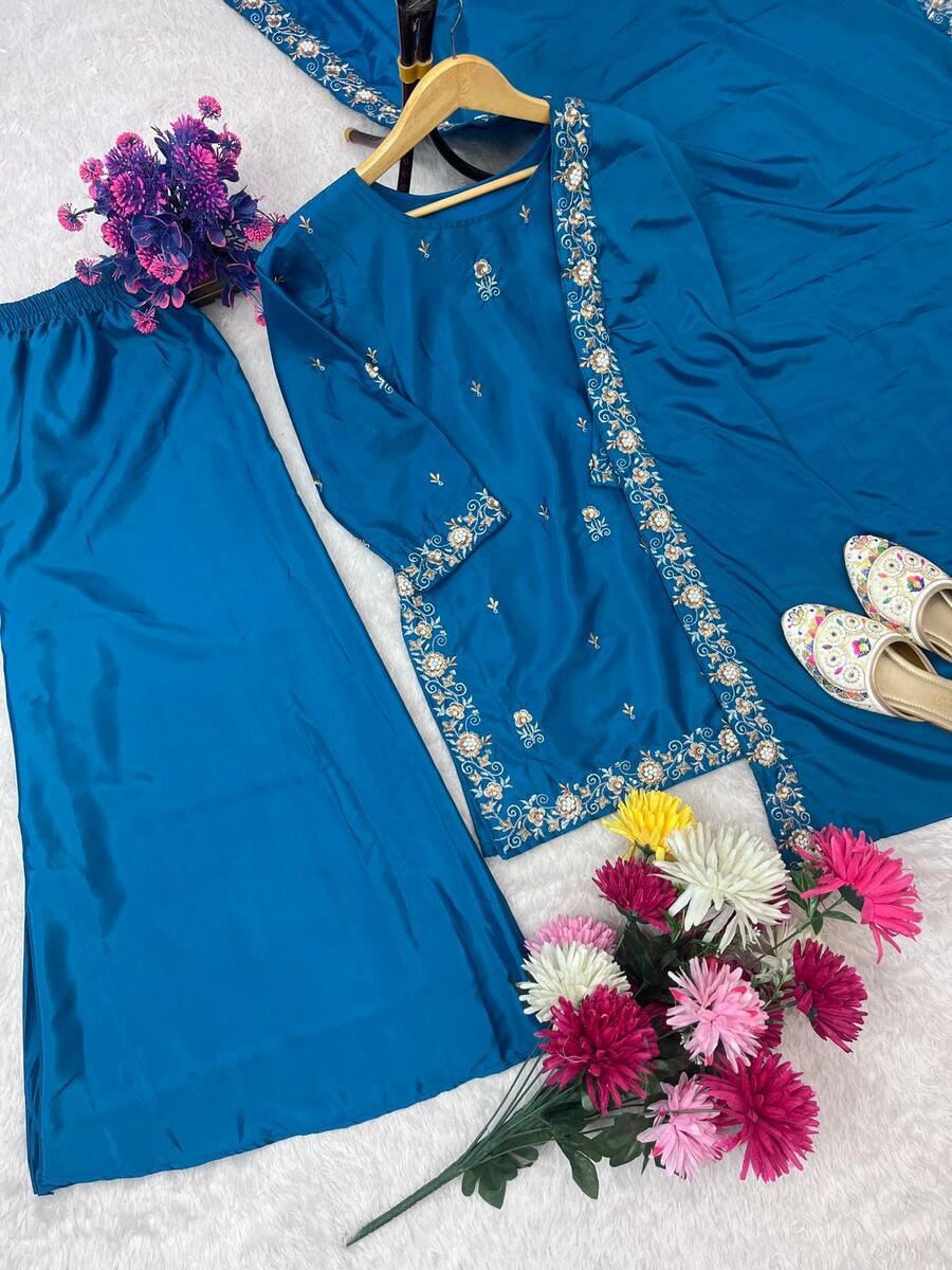 DESIGNER NATURAL CREPE EMBROIDERY SEQUENCE WITH MOTI WORK TOP PALAZZO WITH DUPATTA FESTIVE WEAR WHOLESALE PRICE ETHNIC GARMENT (6)