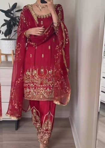 DESIGNER NATURAL CREPE SILK SEQUENCE EMBROIDERY WORK TOP BOTTOM WITH DUPATTA RED