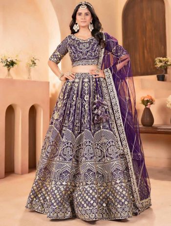 DESIGNER NET EMBROIDERY SEQUENCE DESIGN WORK LEHENGA CHOLI WITH DUPATTA PURPLE