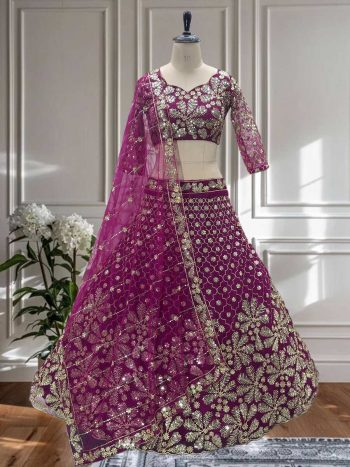 DESIGNER NET EMBROIDERY SEQUENCE DESIGN WORK LEHENGA CHOLI WITH DUPATTA PINK