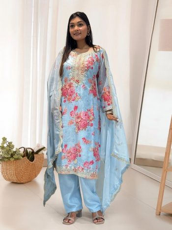 DESIGNER ORGANZA DIGITAL PRINTED EMBROIDERY CODING SEQUENCE WORK TOP BOTTOM WITH DUPATTA SKY
