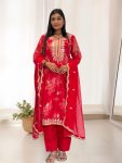 DESIGNER ORGANZA DIGITAL PRINTED EMBROIDERY CODING SEQUENCE WORK TOP BOTTOM WITH DUPATTA RED