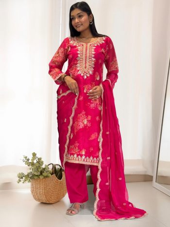 DESIGNER ORGANZA DIGITAL PRINTED EMBROIDERY CODING SEQUENCE WORK TOP BOTTOM WITH DUPATTA RANI