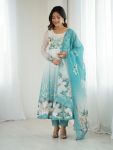 DESIGNER ORGANZA SILK PRINT WORK WITH ZARI FLOWER OUTING WORK GOWN BOTTOM WITH DUPATTA SKY