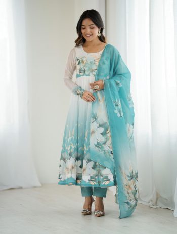 DESIGNER ORGANZA SILK PRINT WORK WITH ZARI FLOWER OUTING WORK GOWN BOTTOM WITH DUPATTA SKY