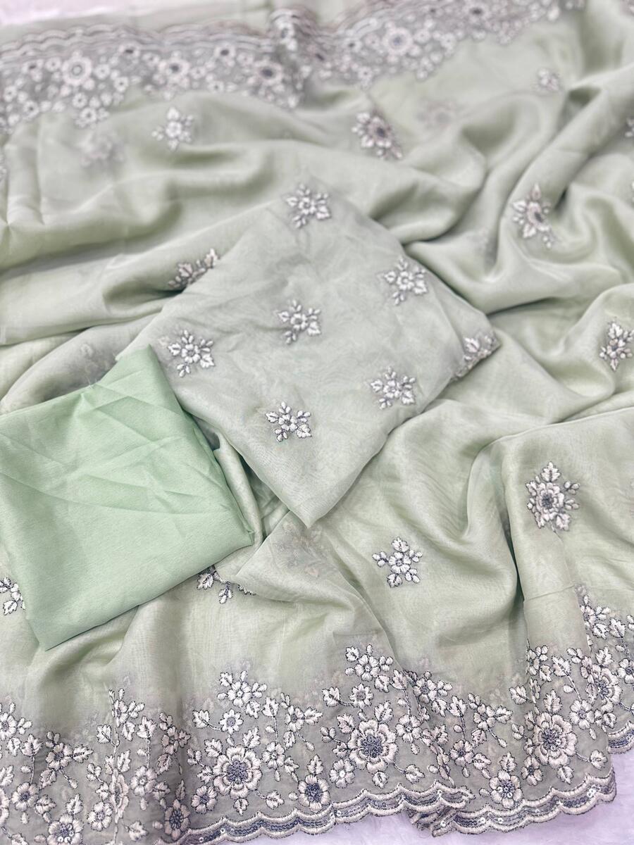 DESIGNER ORGANZA SILK SEQUENCE EMBROIDERY DESIGN CONTRAST PALLU WORK SAREE WITH UNSTITCHED BLOUSE WEDDING WEAR WHOLESALE PRICE ETHNIC GARMENT (10)