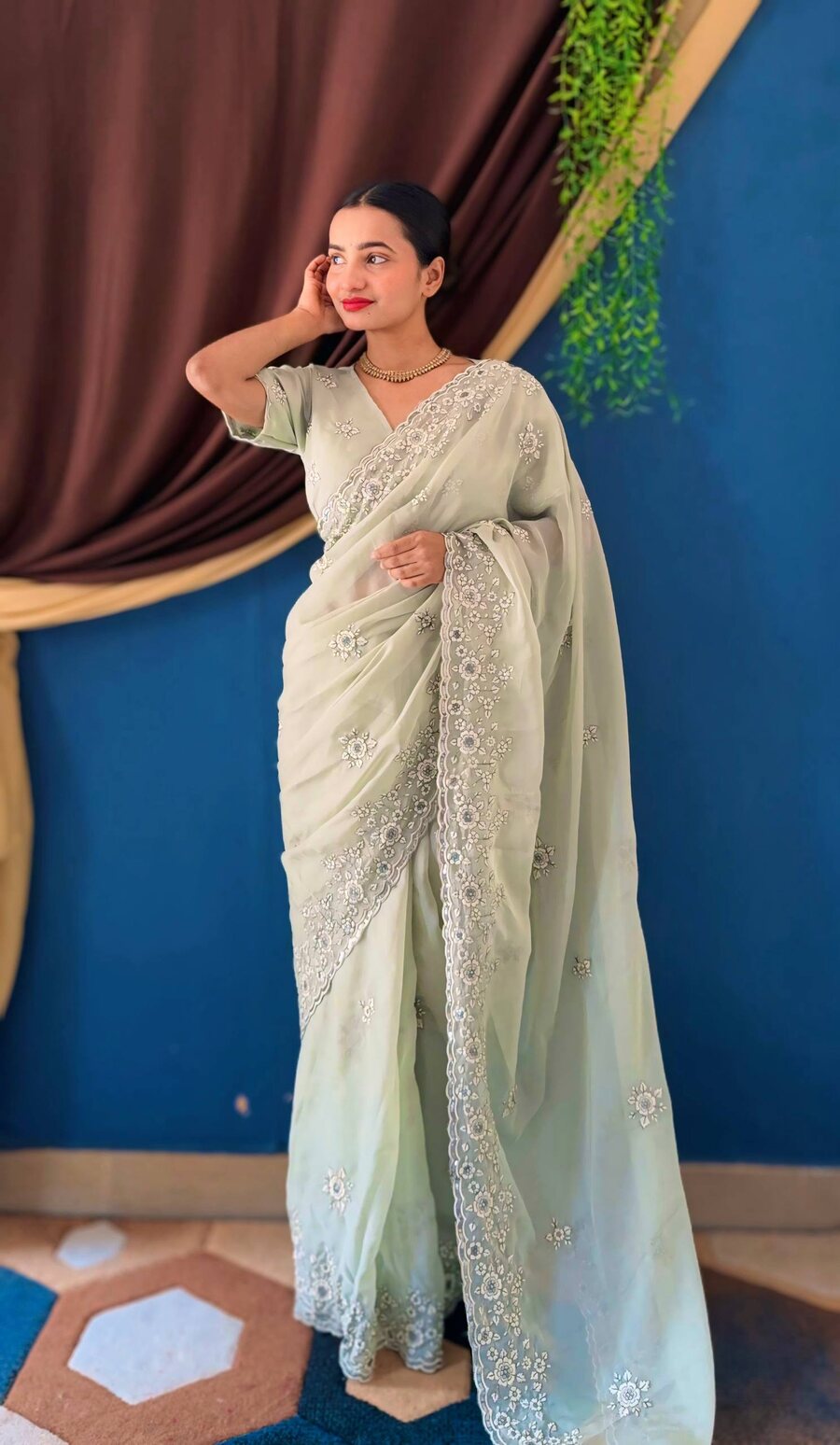 DESIGNER ORGANZA SILK SEQUENCE EMBROIDERY DESIGN CONTRAST PALLU WORK SAREE WITH UNSTITCHED BLOUSE WEDDING WEAR WHOLESALE PRICE ETHNIC GARMENT (5)
