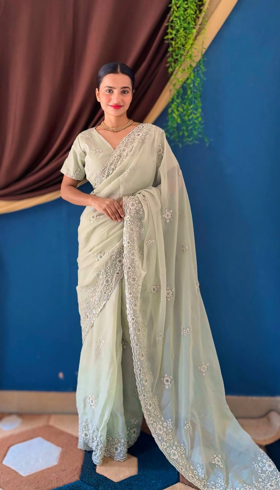DESIGNER ORGANZA SILK SEQUENCE EMBROIDERY DESIGN CONTRAST PALLU WORK SAREE WITH UNSTITCHED BLOUSE WEDDING WEAR WHOLESALE PRICE ETHNIC GARMENT (6)