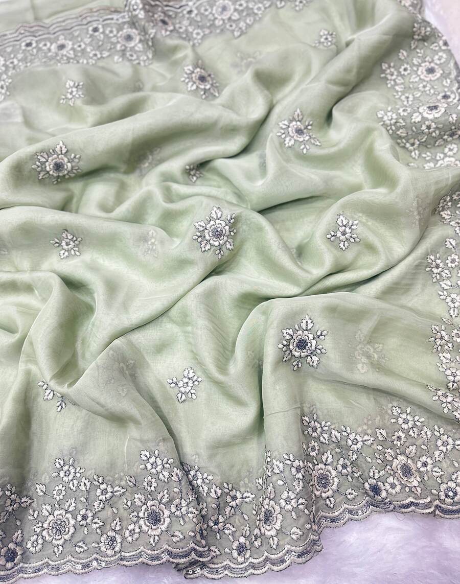 DESIGNER ORGANZA SILK SEQUENCE EMBROIDERY DESIGN CONTRAST PALLU WORK SAREE WITH UNSTITCHED BLOUSE WEDDING WEAR WHOLESALE PRICE ETHNIC GARMENT (8)