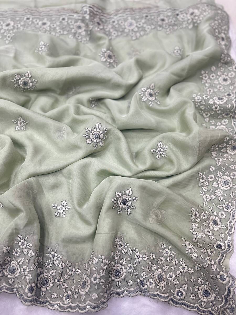 DESIGNER ORGANZA SILK SEQUENCE EMBROIDERY DESIGN CONTRAST PALLU WORK SAREE WITH UNSTITCHED BLOUSE WEDDING WEAR WHOLESALE PRICE ETHNIC GARMENT (9)