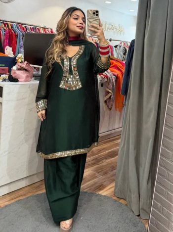 DESIGNER RANGOLI SILK EMBROIDERY WITH REAL MIRROR WORK TOP PATIYALA WITH DUPATTA GREEN