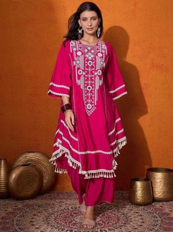DESIGNER RAYON COTTON THREAD WITH REAL MIRROR OUTING WITH FANCY LACE BORDER WORK KURTI PALAZZO SET PINK