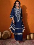 DESIGNER RAYON COTTON THREAD WITH REAL MIRROR OUTING WITH FANCY LACE BORDER WORK KURTI PALAZZO SET BLUE