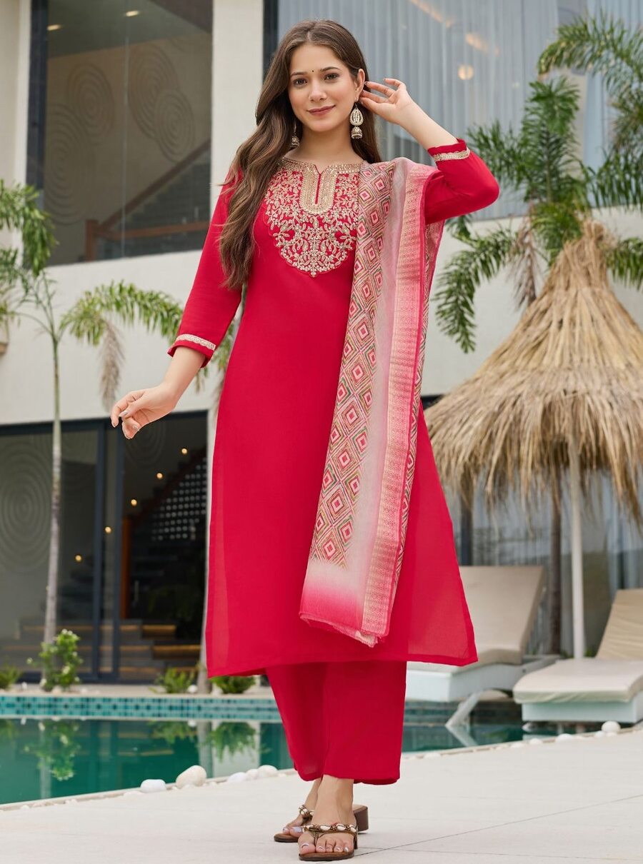 DESIGNER RAYON SLUB EMBROIDERY WORK TOP BOTTOM WITH DUPATTA FESTIVE WEAR WHOLESALE PRICE ETHNIC GARMENT (6)