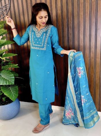 DESIGNER ROMAN COTTON MOTI HANDWORK WITH ZARI EMBROIDERY WORK TOP BOTTOM WITH DUPATTA SKY