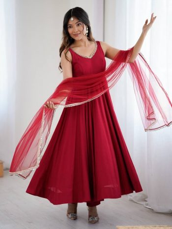 DESIGNER ROMAN SILK CHANDERI FANCY LACE WORK ANARKALI GOWN BOTTOM WITH DUPATTA RED