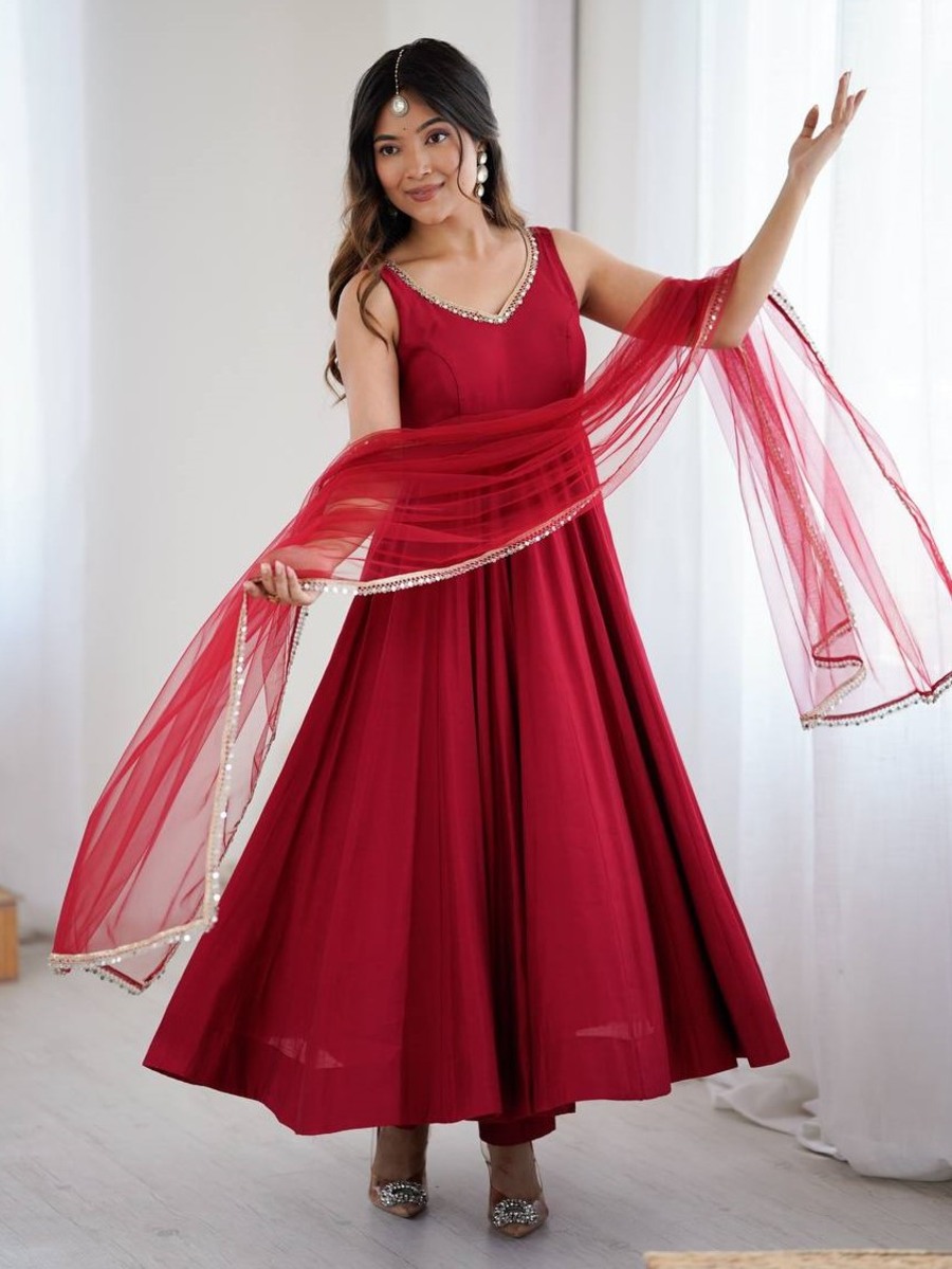 DESIGNER ROMAN SILK CHANDERI FANCY LACE WORK ANARKALI GOWN BOTTOM WITH DUPATTA PARTY WEAR WHOLESALE PRICE ETHNIC GARMENT (1)