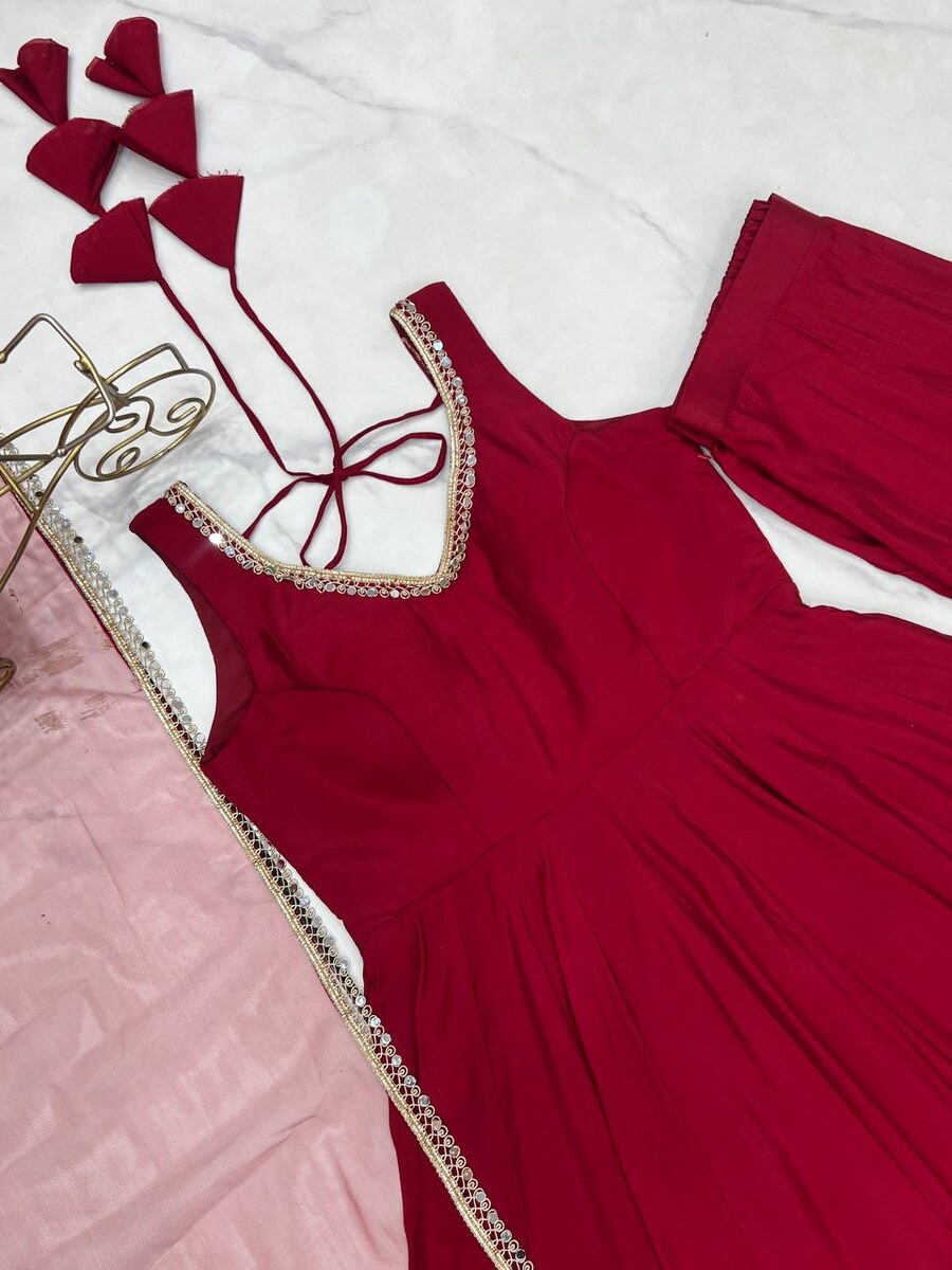 DESIGNER ROMAN SILK CHANDERI FANCY LACE WORK ANARKALI GOWN BOTTOM WITH DUPATTA PARTY WEAR WHOLESALE PRICE ETHNIC GARMENT (10)