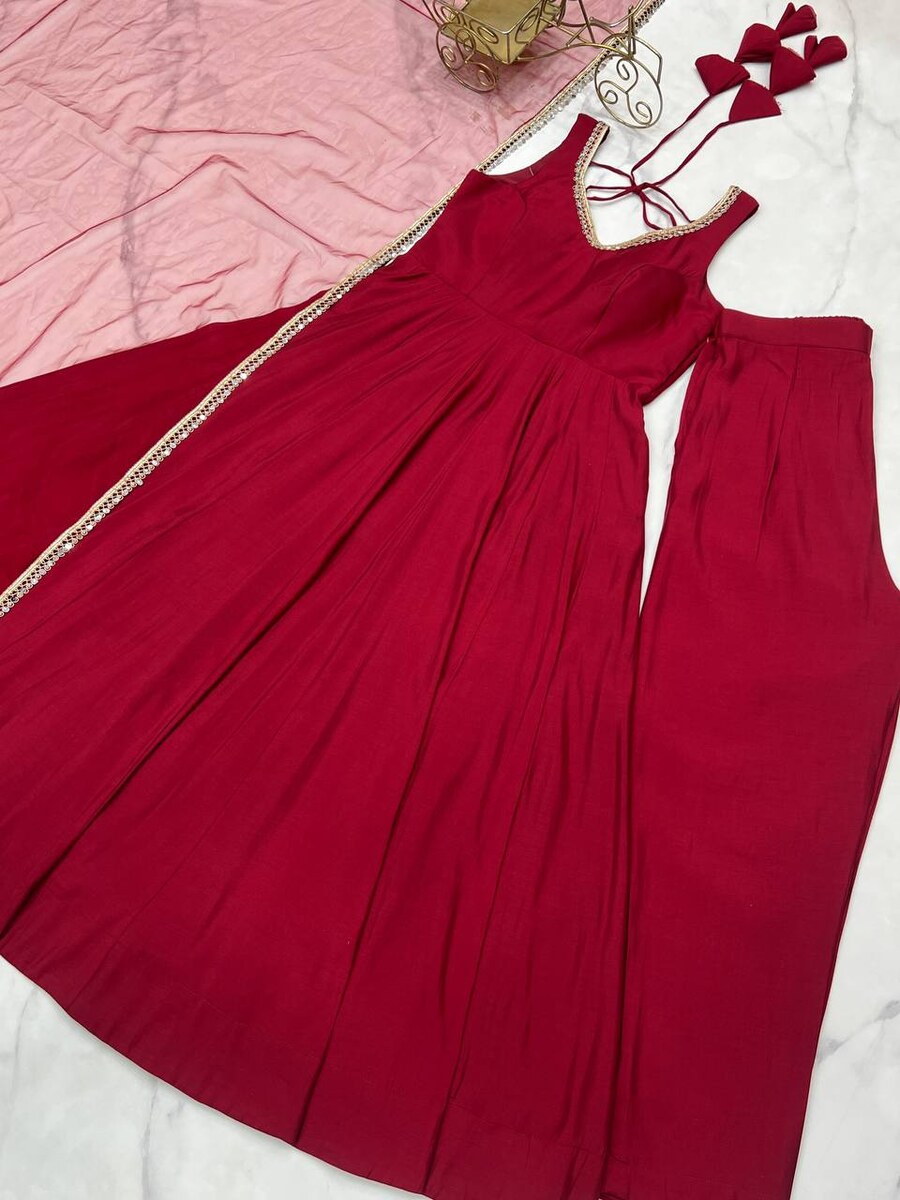 DESIGNER ROMAN SILK CHANDERI FANCY LACE WORK ANARKALI GOWN BOTTOM WITH DUPATTA PARTY WEAR WHOLESALE PRICE ETHNIC GARMENT (11)