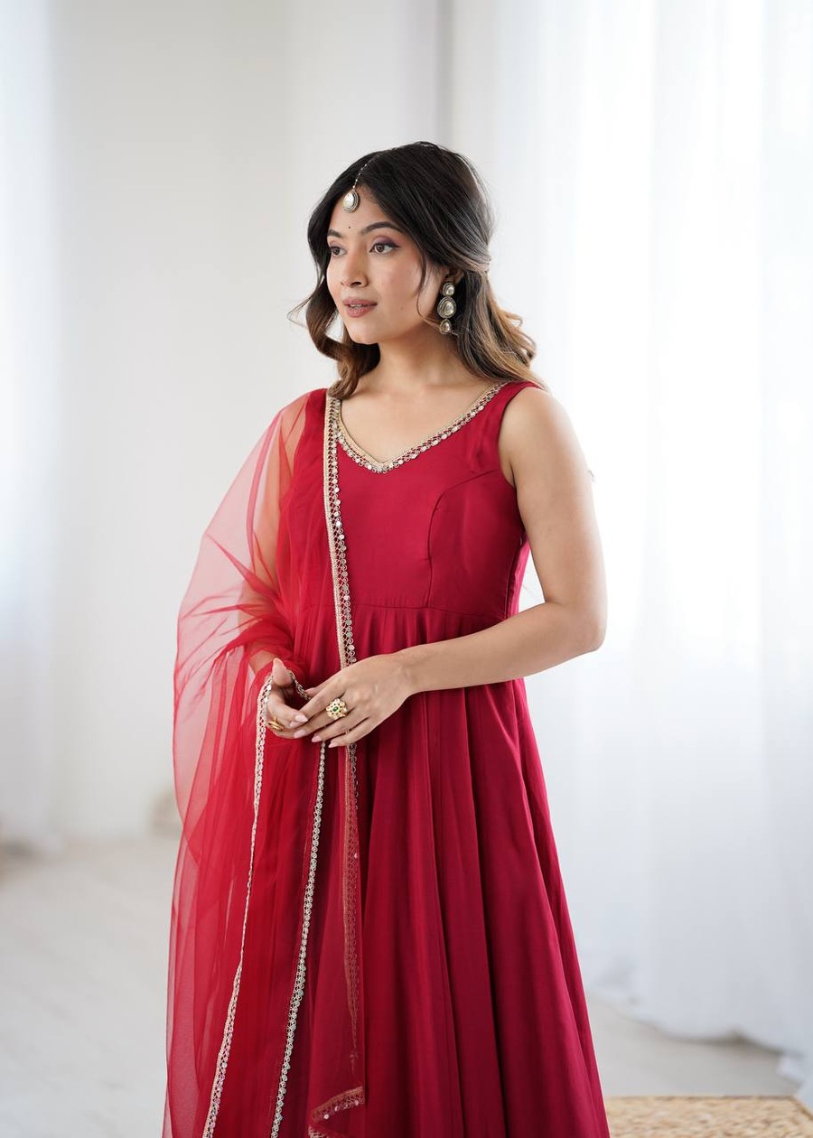 DESIGNER ROMAN SILK CHANDERI FANCY LACE WORK ANARKALI GOWN BOTTOM WITH DUPATTA PARTY WEAR WHOLESALE PRICE ETHNIC GARMENT (6)