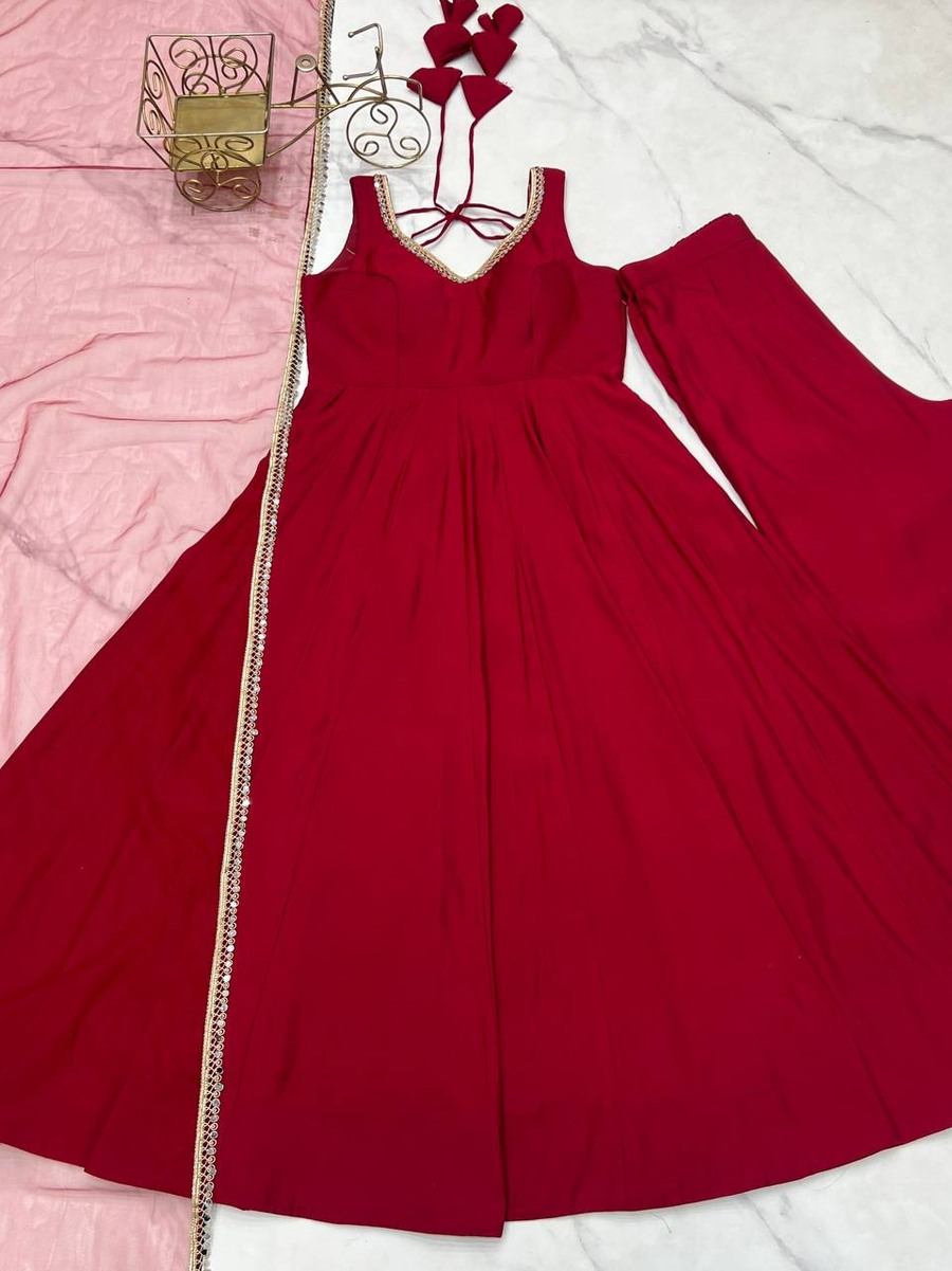 DESIGNER ROMAN SILK CHANDERI FANCY LACE WORK ANARKALI GOWN BOTTOM WITH DUPATTA PARTY WEAR WHOLESALE PRICE ETHNIC GARMENT (9)