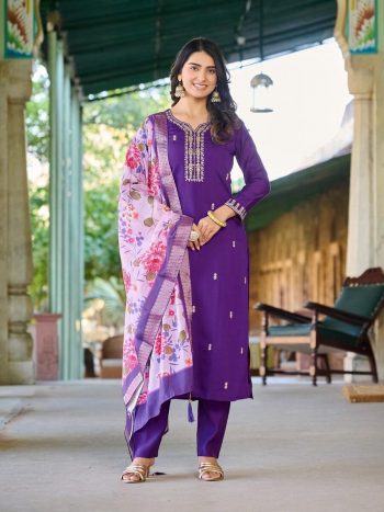 DESIGNER ROMAN SILK EMBROIDERY WORK TOP BOTTOM WITH DUPATTA PURPLE