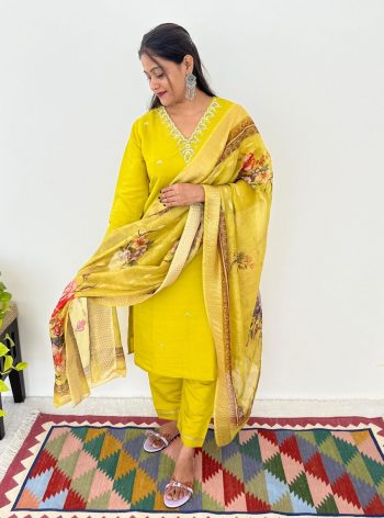 DESIGNER ROMAN SILK NECK HAND WORK KURTI PANT WITH DUPATTA PARROT GREEN