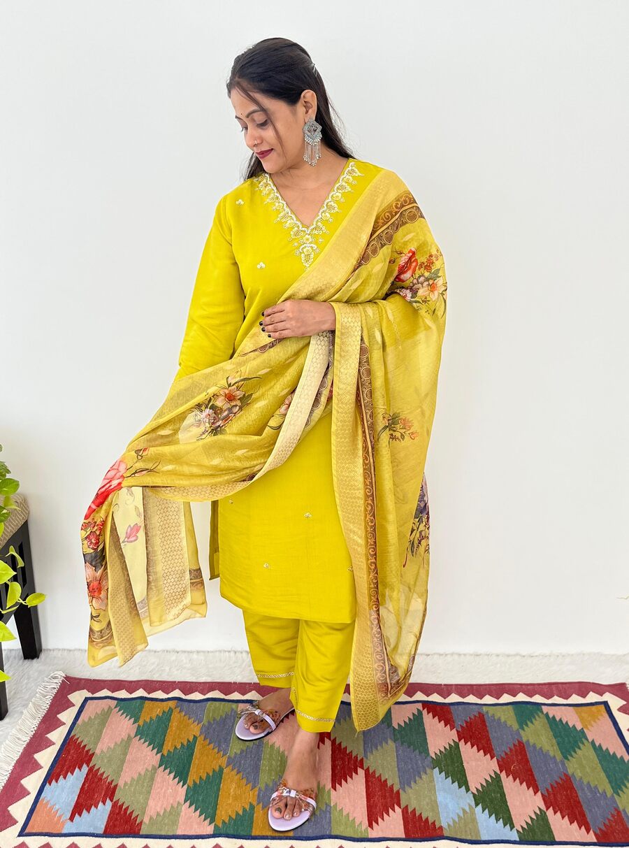 DESIGNER ROMAN SILK NECK HAND WORK KURTI PANT WITH DUPATTA PARROT GREEN (1)