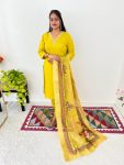 DESIGNER ROMAN SILK NECK HAND WORK KURTI PANT WITH DUPATTA PARROT GREEN (1)