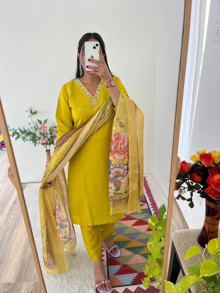 DESIGNER ROMAN SILK NECK HAND WORK KURTI PANT WITH DUPATTA PARROT GREEN (3)