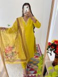 DESIGNER ROMAN SILK NECK HAND WORK KURTI PANT WITH DUPATTA PARROT GREEN (1)