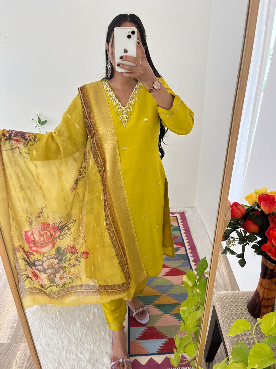 DESIGNER ROMAN SILK NECK HAND WORK KURTI PANT WITH DUPATTA PARROT GREEN (5)