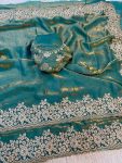 DESIGNER SATIN SILK CODING WITH EMBROIDERY AND CUT WORK BORDER SAREE WITH UNSTITCHED BLOUSE SKY