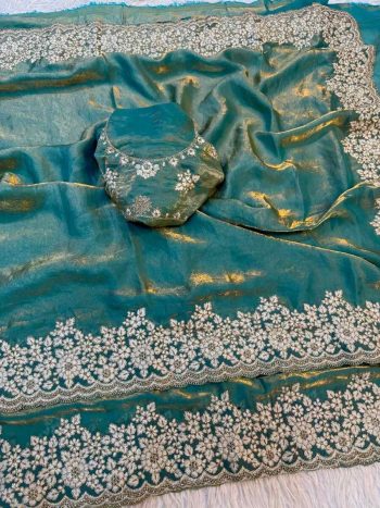 DESIGNER SATIN SILK CODING WITH EMBROIDERY AND CUT WORK BORDER SAREE WITH UNSTITCHED BLOUSE SKY
