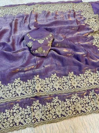 DESIGNER SATIN SILK CODING WITH EMBROIDERY AND CUT WORK BORDER SAREE WITH UNSTITCHED BLOUSE LAVENDER