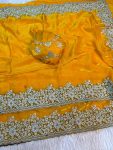 DESIGNER SATIN SILK CODING WITH EMBROIDERY AND CUT WORK BORDER SAREE WITH UNSTITCHED BLOUSE YELLOW
