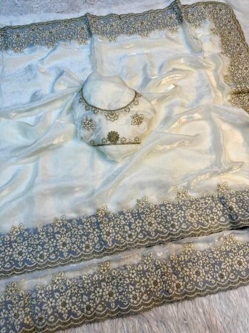DESIGNER SATIN SILK CODING WITH EMBROIDERY AND CUT WORK BORDER SAREE WITH UNSTITCHED BLOUSE WHITE