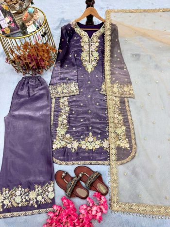 DESIGNER SEQUENCE AND ZARI EMBROIDERY WITH PEARL AND DIAMOND HANDWORK TOP PALAZZO WITH DUPATTA  PURPLE