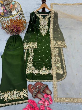 DESIGNER SEQUENCE AND ZARI EMBROIDERY WITH PEARL AND DIAMOND HANDWORK TOP PALAZZO WITH DUPATTA  MEHNDI