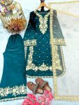 DESIGNER SEQUENCE AND ZARI EMBROIDERY WITH PEARL AND DIAMOND HANDWORK TOP PALAZZO WITH DUPATTA  GREEN